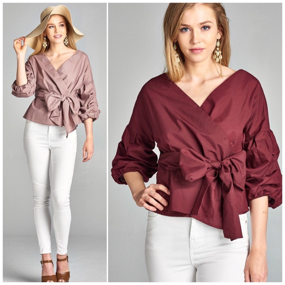 ❗️CLOSING SALE❗️ Burgundy V Neck Waist Tie Top - Picture 3 of 3